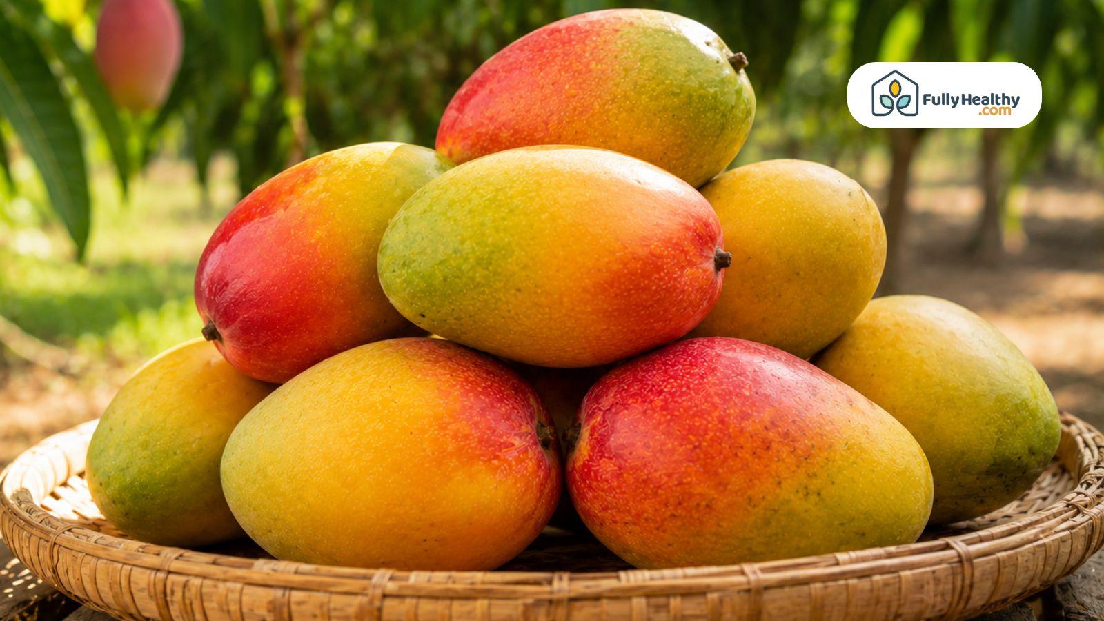 Ripe mangoes stacked naturally in a woven basket at a tropical mango farm.
