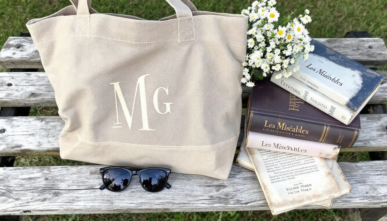 A neutral-toned tote bag featuring a custom monogram rests on a wooden bench, surrounded by sunglasses, colorful books, and vibrant flowers, creating an aesthetically pleasing scene perfect for a birthday gift that your best friend will never forget. This unique gift idea combines style and functionality, making it a fantastic present for any special day.