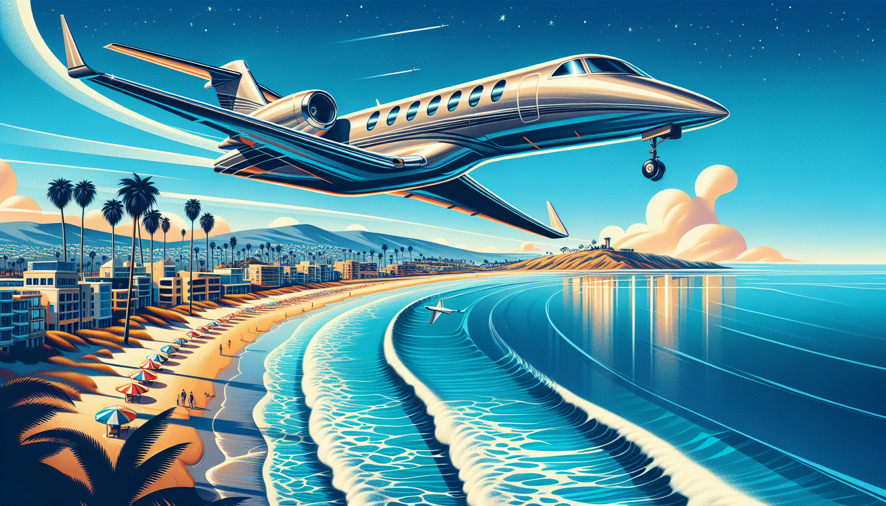 Illustration of a private jet flying over the Pacific Ocean near Oceanside, California