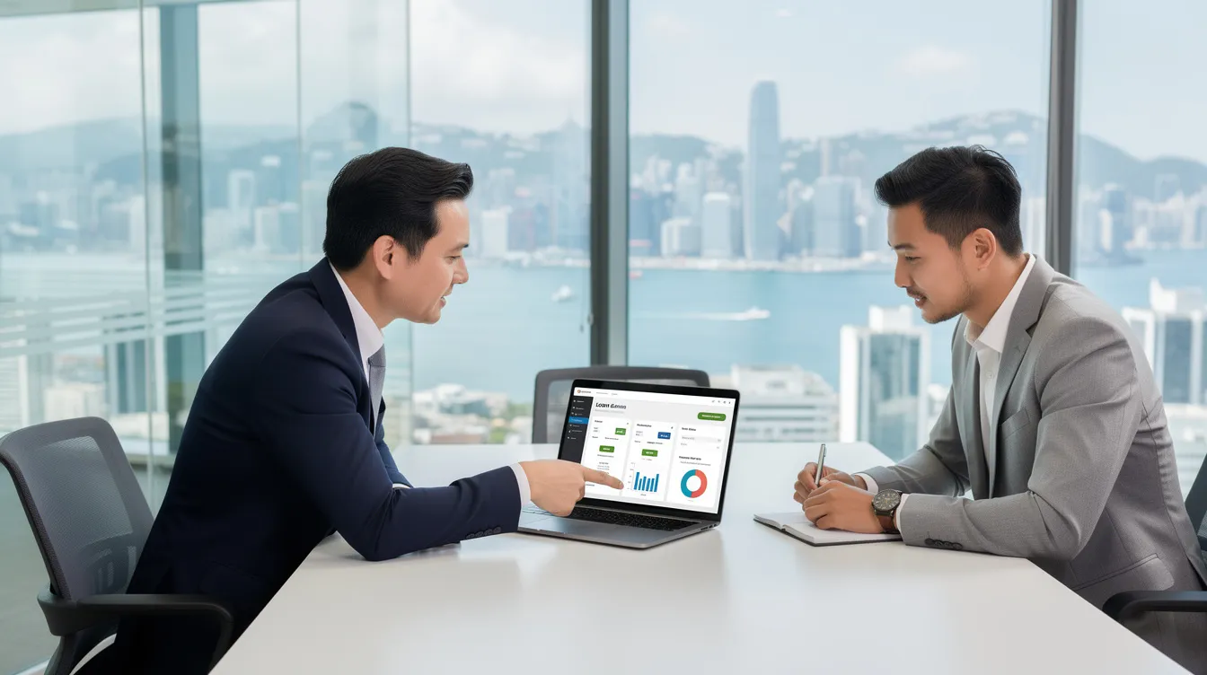 Two business partners are engaged in a discussion about loan options, intently looking at a laptop screen in a modern office setting in Hong Kong. They are exploring various financing solutions, including 中小 企 融資 擔保 options, to support their business needs.