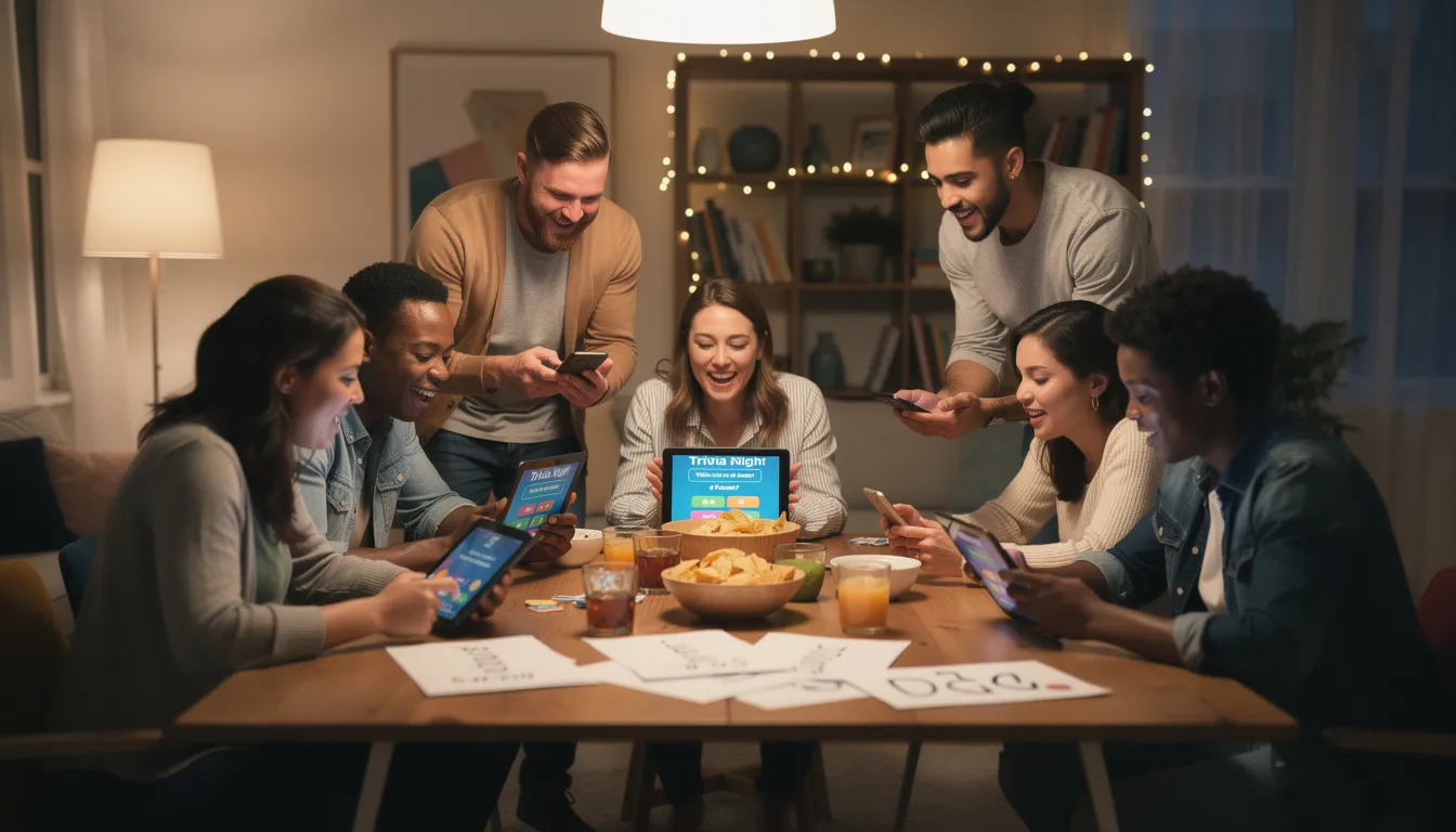 A group of people is gathered around a table, engaged in a trivia game, using tablets and phones to answer multiple choice trivia questions. The atmosphere is lively as they discuss correct and incorrect answers, enjoying the challenge of relevant questions from a large trivia database.