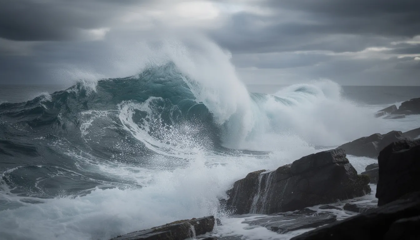 Burzliwe morze z potężnymi falami uderzającymi o skały, symbolizujące moc i siłę natury, przypomina o władzy bogów greckich, takich jak bóg morza Posejdon, który kontrolował żywioły. W tle słychać szum fal, który może przywoływać fascynujące historie starożytnej Grecji i ich mitologii.