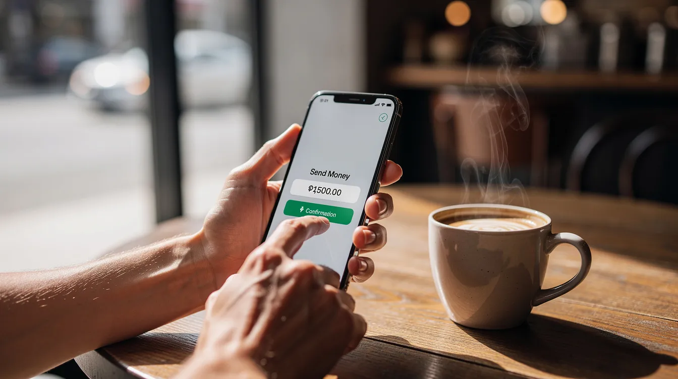 A person is sitting at a table with a coffee, using a smartphone to send money online through a money transfer service. The image captures the ease of transferring funds, highlighting the convenience of modern payment methods like Ace Money Transfer or Western Union for international transactions.