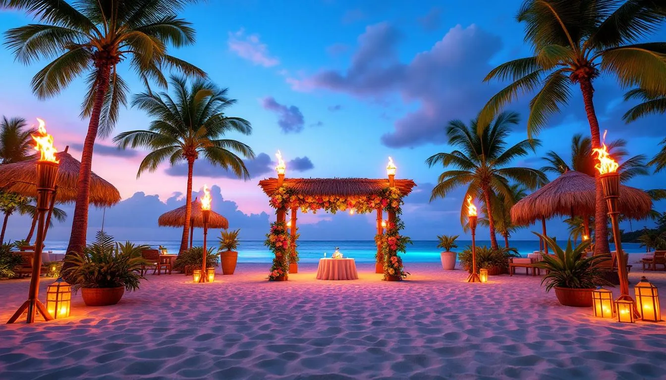 A vibrant beach party setup features colorful decorations, palm trees swaying in the breeze, and tiki torches illuminating the sandy venue, creating a lively atmosphere for guests to relax and enjoy the ocean vibe. This idyllic scene is perfect for a fun beach event with friends and family.