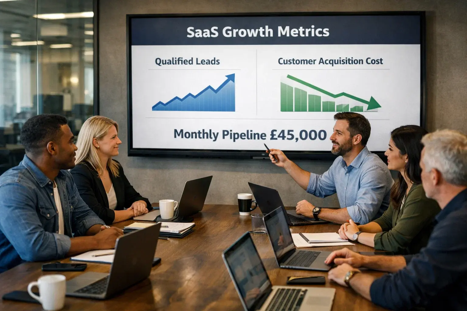 SaaS marketing team reviewing growth metrics and lead generation from PPC campaigns.