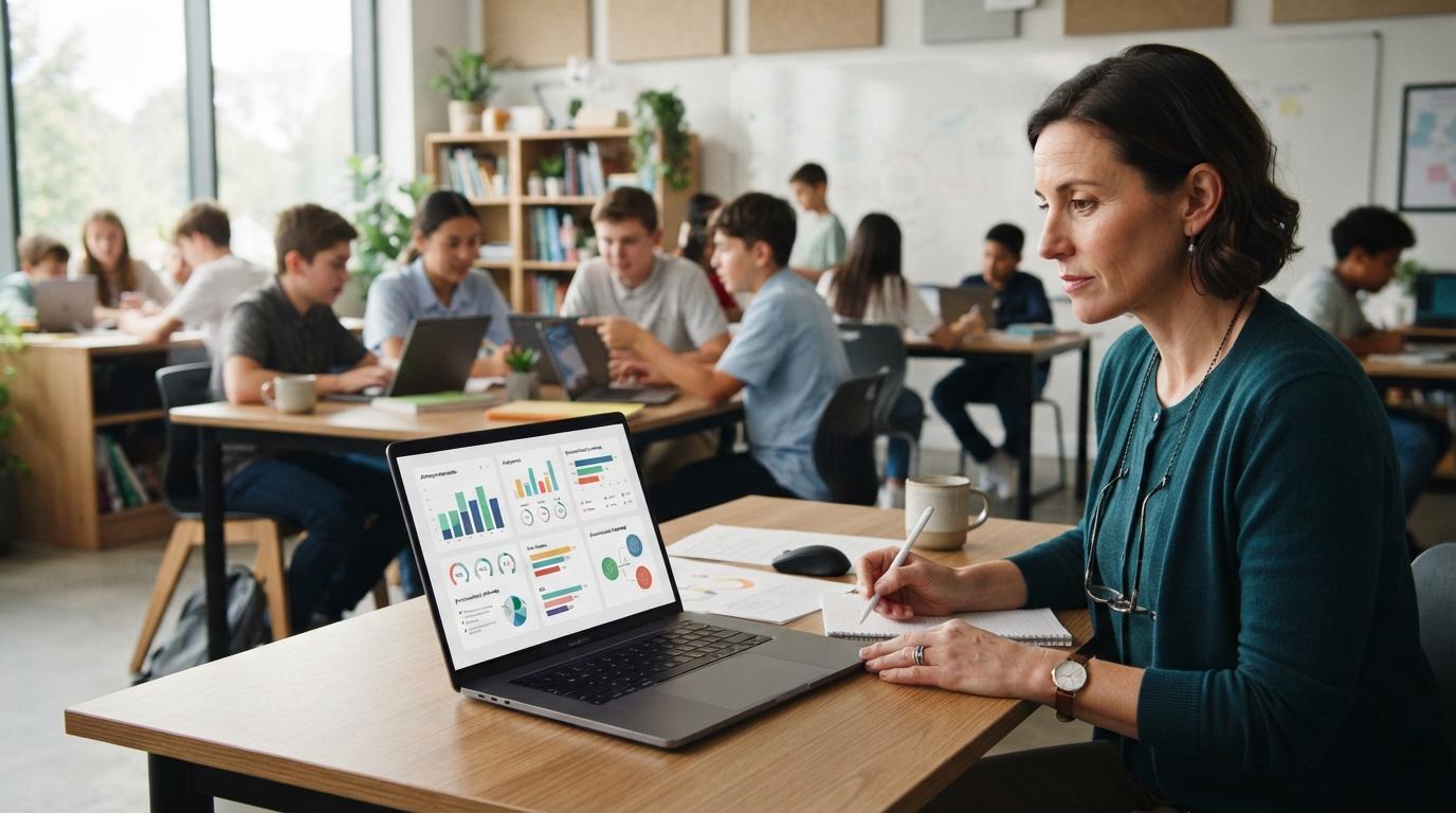 Photorealistic educator reviewing student performance on a laptop while observing students learning in a modern classroom, emphasizing evaluation of AI learning platforms and personalized education, natural lighting.