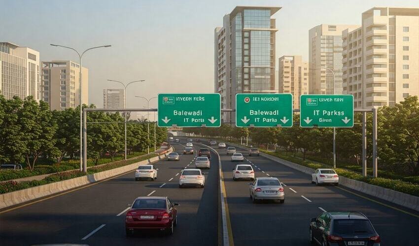Modern highway leading into Baner with road signs to IT parks and nearby suburbs like Balewadi and Pashan.