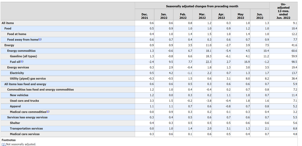 BLS Consumer Price Index for June 2022