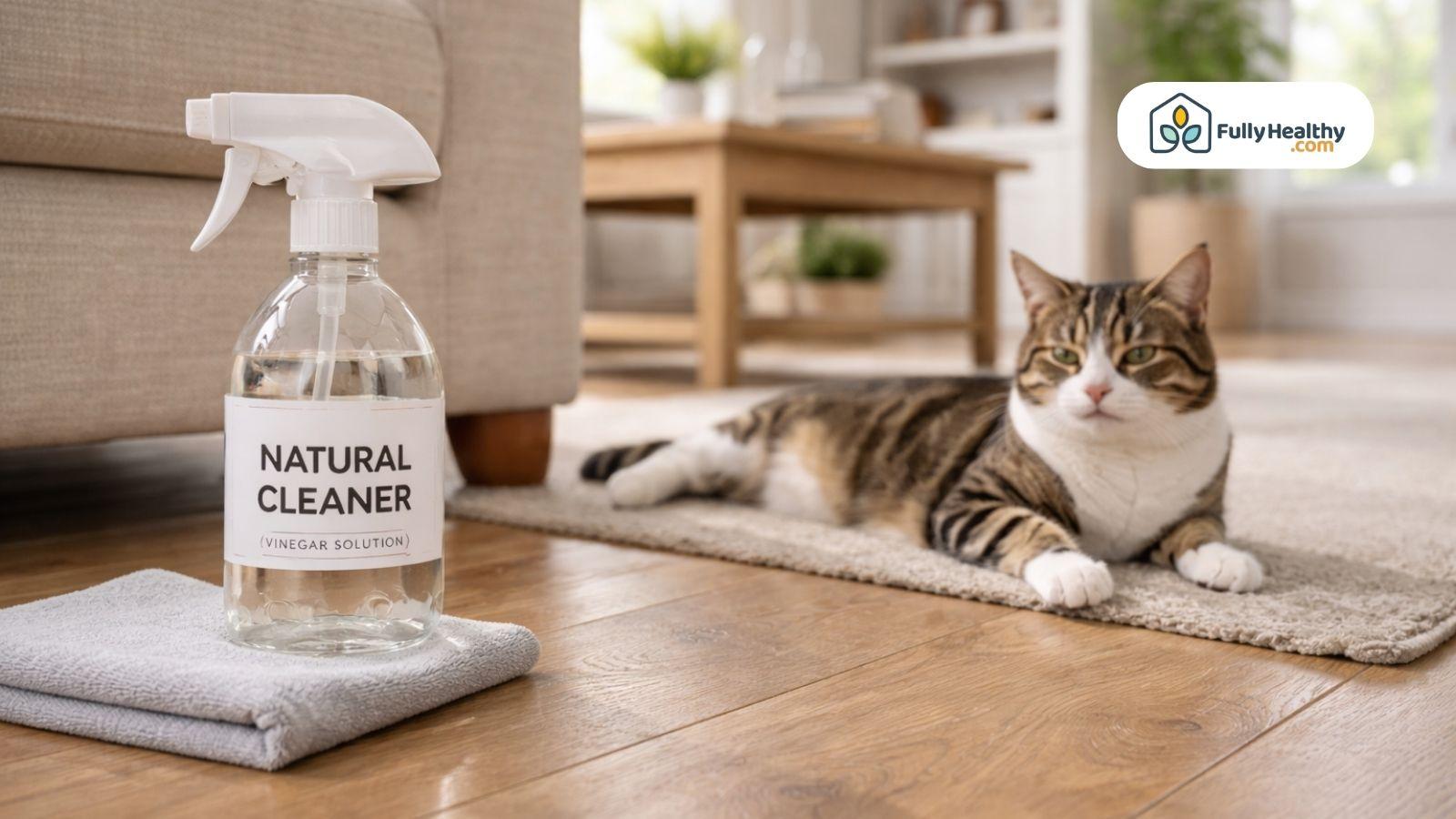 Natural cleaner spray bottle with vinegar solution beside relaxed indoor cat