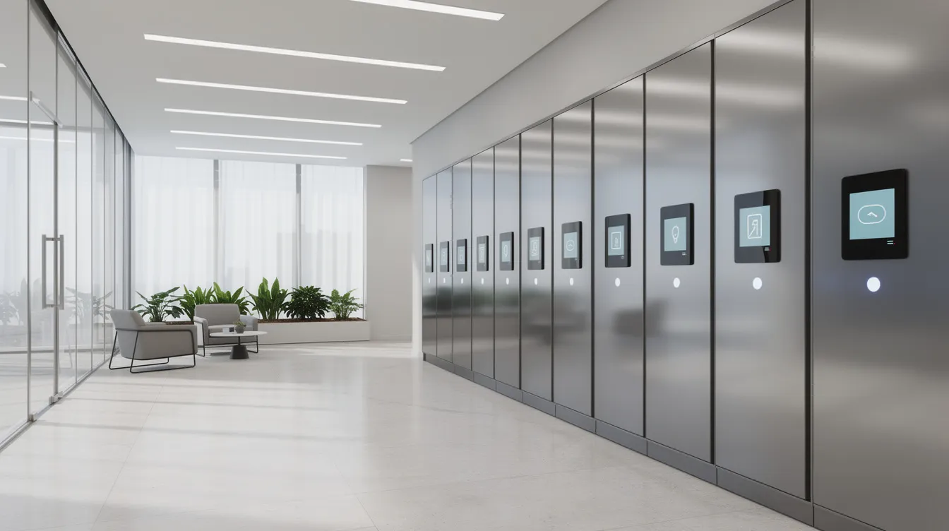 The image depicts a row of sleek smart lockers installed in a modern building lobby, illuminated by clean, bright lighting. These smart locker systems provide secure storage solutions for package delivery and asset management, enhancing operational efficiency in corporate offices and educational institutions.