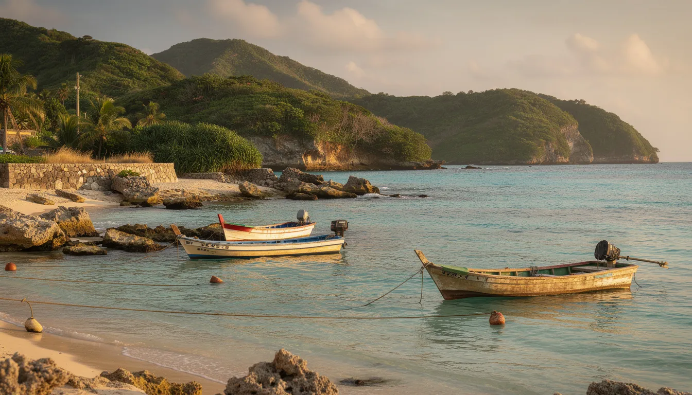 The image depicts a scenic Okinawan coastline featuring traditional fishing boats gently bobbing on the water, with lush green hills rising in the background. This picturesque setting reflects the Okinawan lifestyle, which emphasizes a traditional Okinawan diet rich in plant-based foods and nutrient-dense staples like sweet potatoes and leafy greens, contributing to the region's renowned health benefits and longevity.