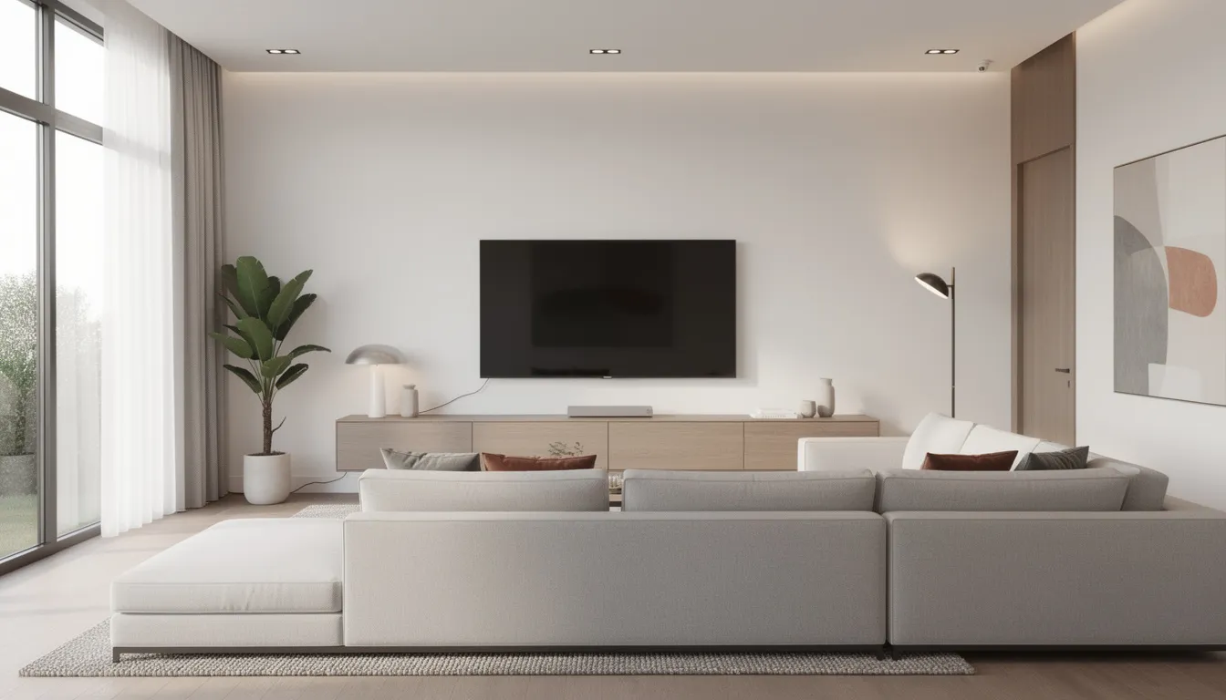 A modern living room features a sleek wall-mounted television with concealed cables for a tidy appearance. This setup is ideal for those considering expert DSTV installation services in Melkbosstrand, ensuring a clean look while enjoying satellite TV.