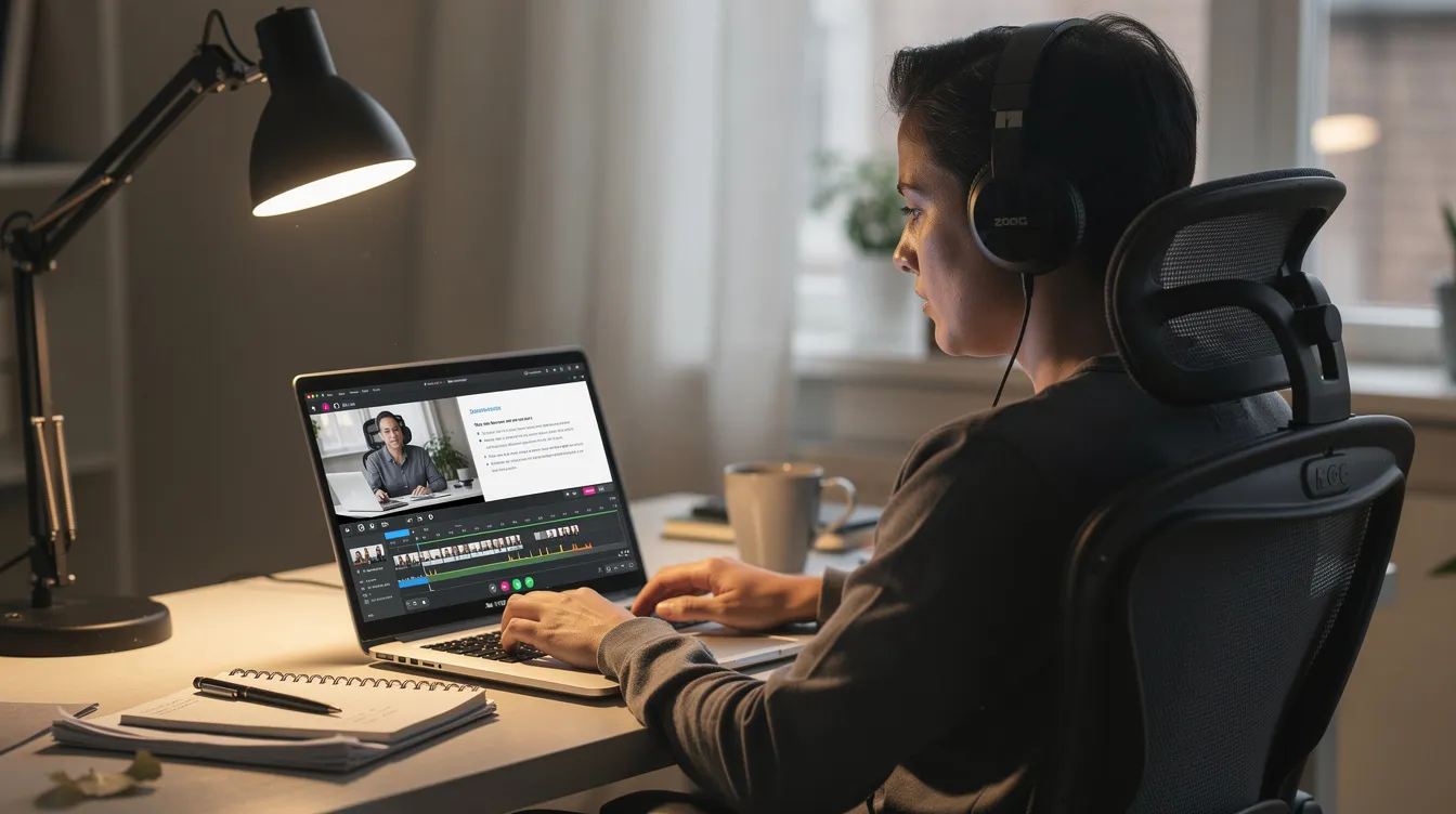 A person is seated at a desk with a laptop open, wearing headphones while watching a long video lecture on the screen. The scene captures the essence of online learning and content creation, highlighting the use of video transcription tools for accurate transcripts and subtitles.