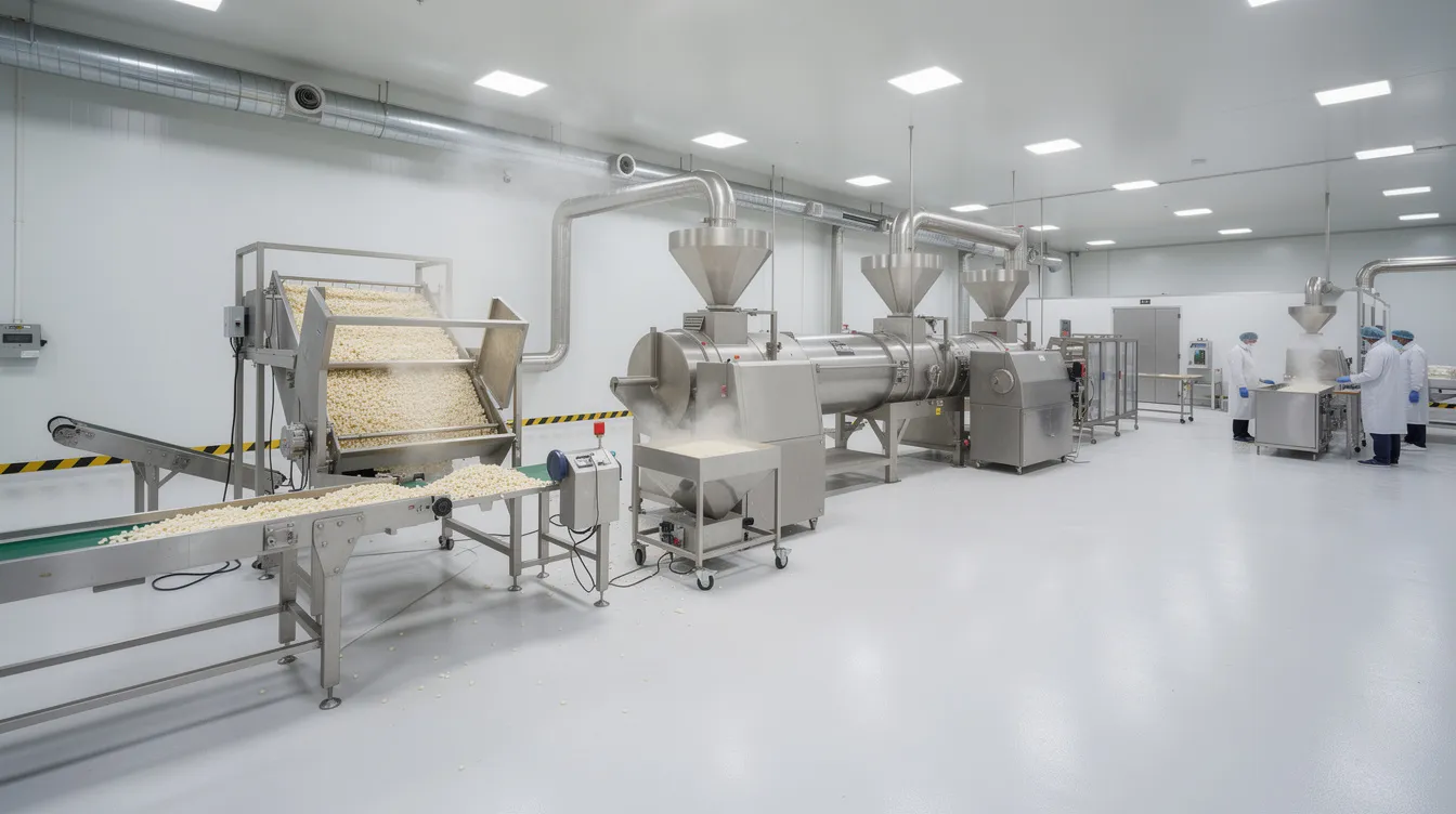 The image depicts industrial machinery used for puffed rice manufacturing on a clean factory floor, showcasing the puffing process that transforms rice grains into a popular snack. The setting emphasizes efficiency and hygiene, typical of the puffed rice industry in India.