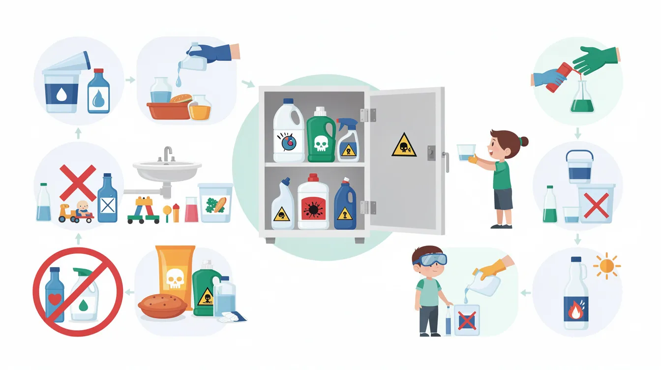Visual guide on safely storing corrosive substances like acids and bleach.