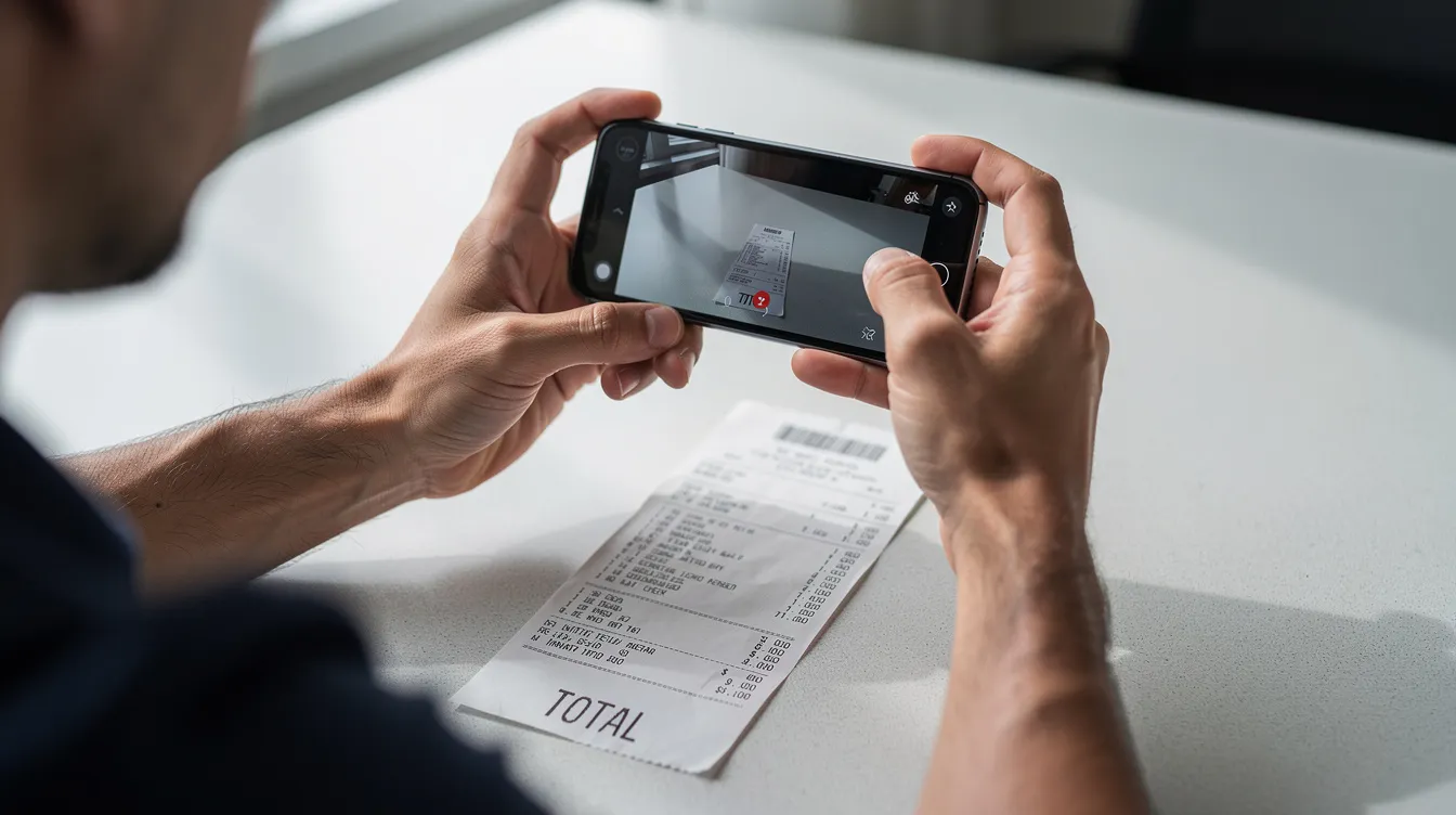 A person is holding a smartphone, capturing a photo of a paper receipt, which is an important step in managing business expenses and maintaining accurate financial records for small business owners. This practice supports effective bookkeeping tasks and helps track financial transactions for better cash flow management.