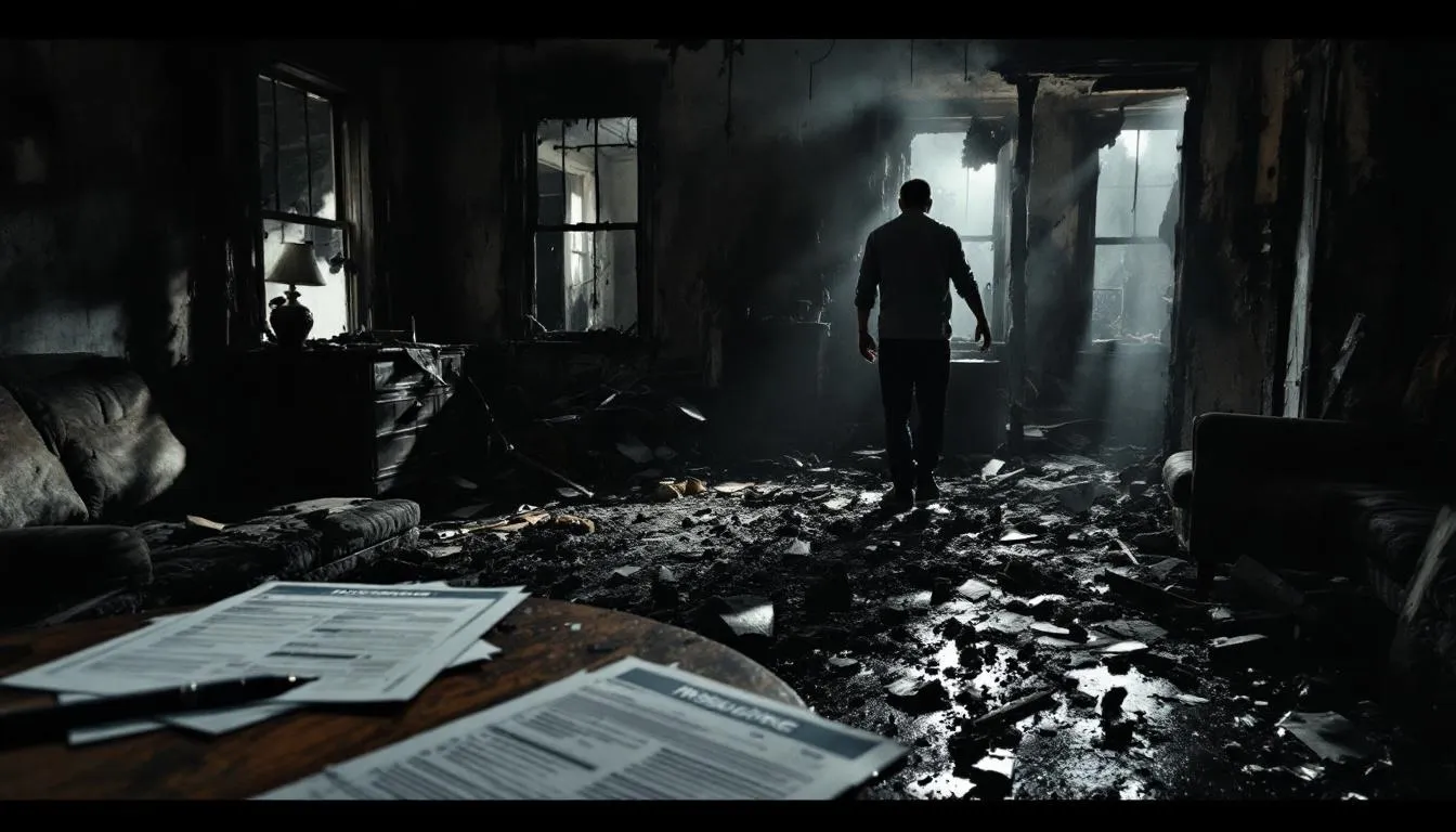 The role of insurance in selling fire damaged homes, with imagery of insurance documents.