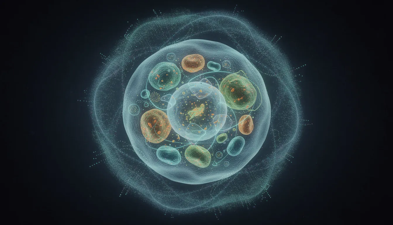 An abstract visualization depicts a healthy cell surrounded by a glowing protective barrier, highlighting its cellular health and internal recycling elements that promote healing and support optimal health. This representation emphasizes the crucial role of natural compounds in reducing oxidative stress and inflammation, contributing to overall well-being and healthy aging.