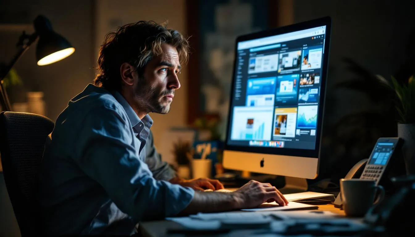 A confused business owner stares at a computer screen filled with multiple browser tabs, reflecting the complexities of managing search engine optimization and navigating various SEO tools for improving website performance and search engine rankings. The cluttered screen symbolizes the challenges small business owners face in optimizing their online presence and understanding SEO costs and strategies.