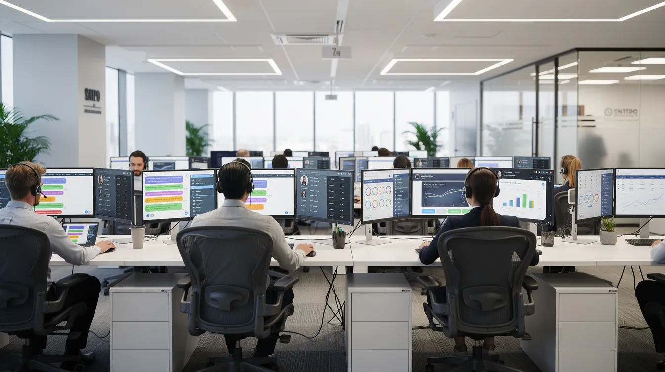 Imagen de un moderno centro de atención al cliente, donde se pueden ver pantallas que muestran conversaciones de chat y tableros de llamadas. Este entorno se centra en la gestión de la experiencia del cliente, mejorando cada punto de contacto y la satisfacción del cliente a través de interacciones efectivas.