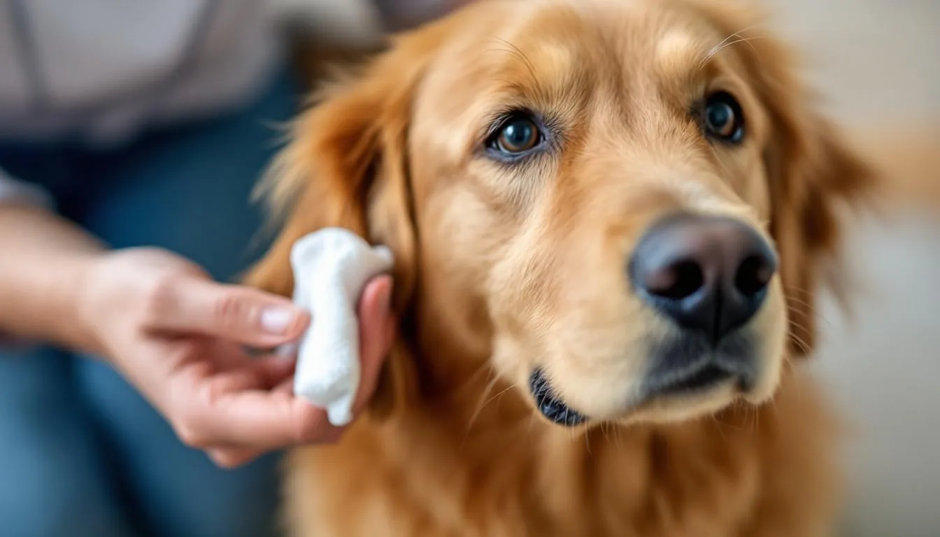 A dog is having its ears cleaned with a cotton ball and ear cleaner, highlighting the importance of regular ear cleaning to prevent ear infections and maintain healthy ear canals. The dog