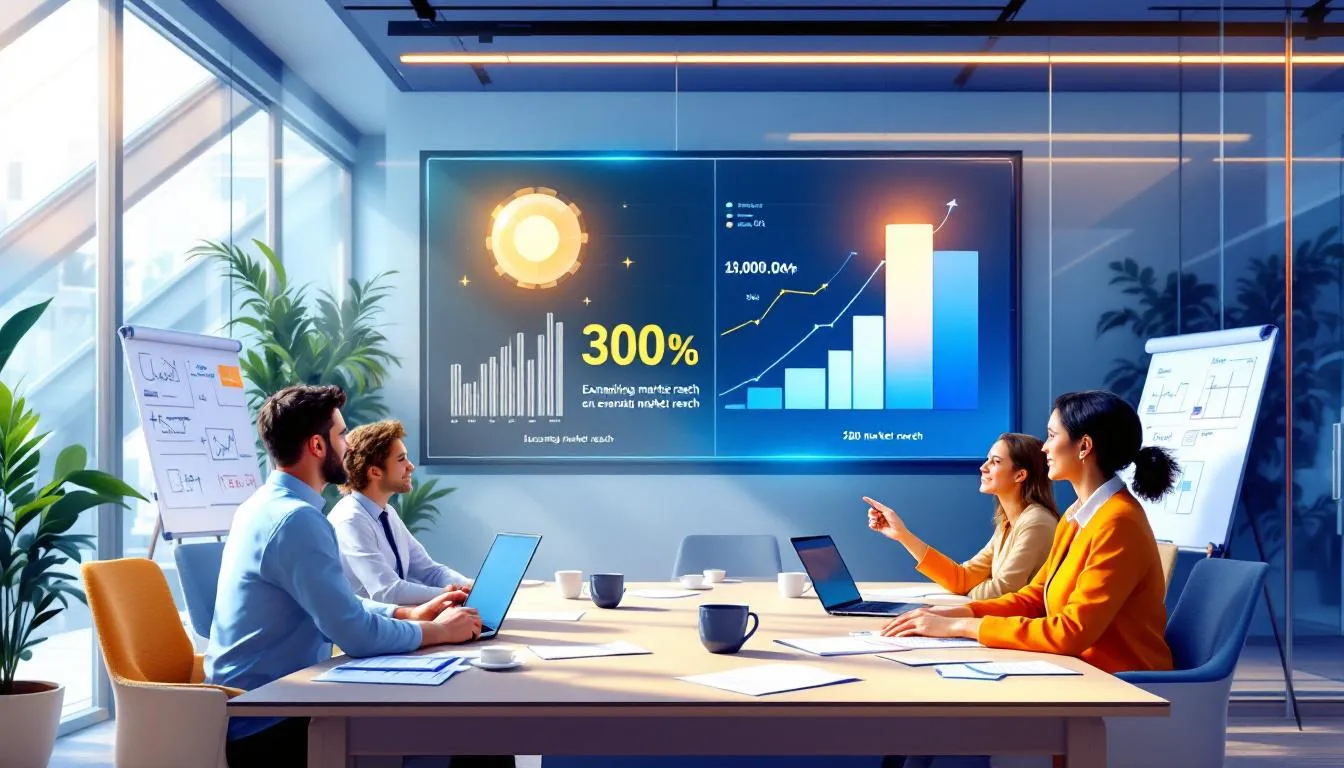 The image depicts a diverse group of business leaders engaging in a discussion about strategic partnerships, emphasising the importance of collaboration for business growth. They are surrounded by charts and graphs illustrating market research and growth strategies aimed at expanding market reach and enhancing brand visibility.