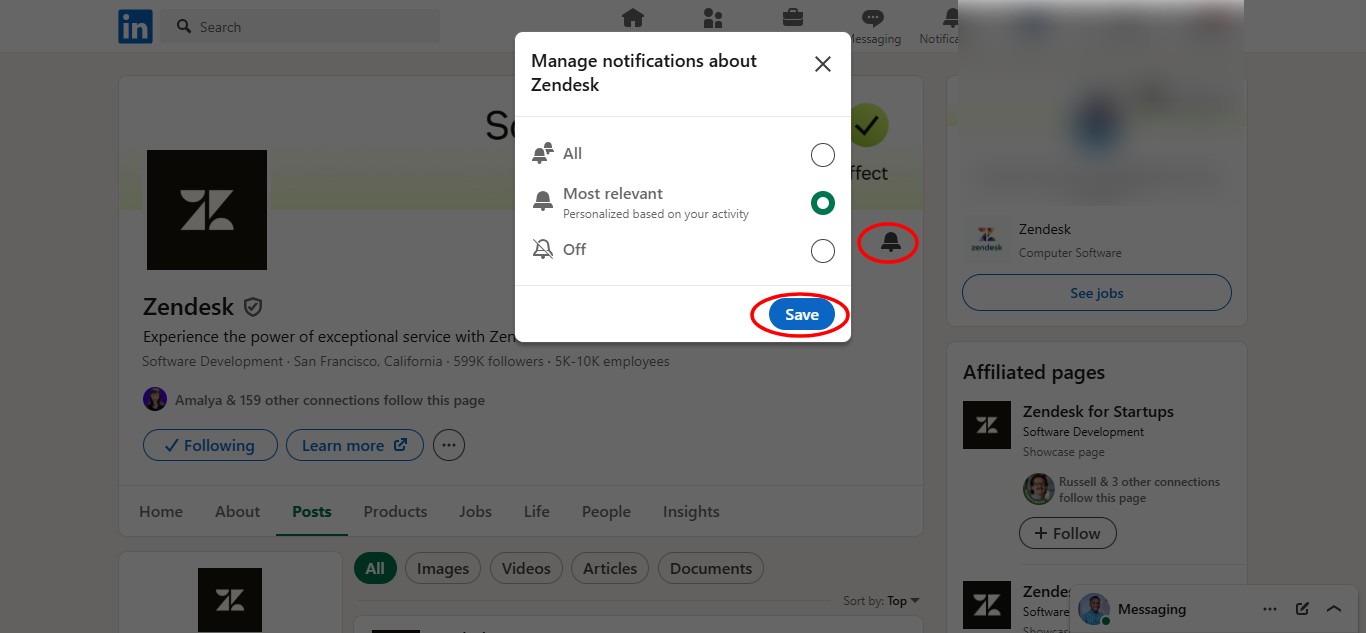 Turning on LinkedIn company notifications