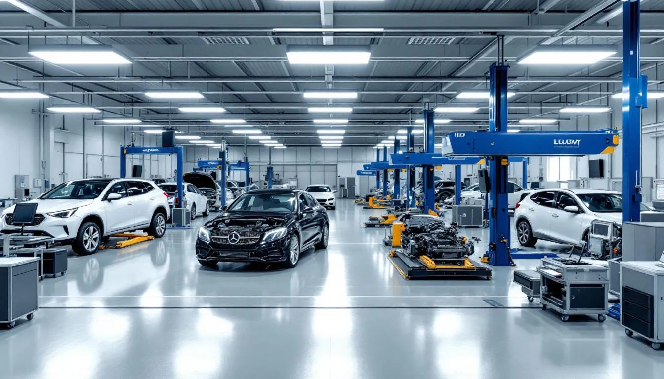 The image depicts a modern automotive collision repair facility, showcasing advanced equipment and tools designed for quality repairs. Skilled and trained professionals work within this Porsche approved collision center, ensuring that all repairs adhere strictly to Porsche's high standards while utilizing genuine Porsche parts.