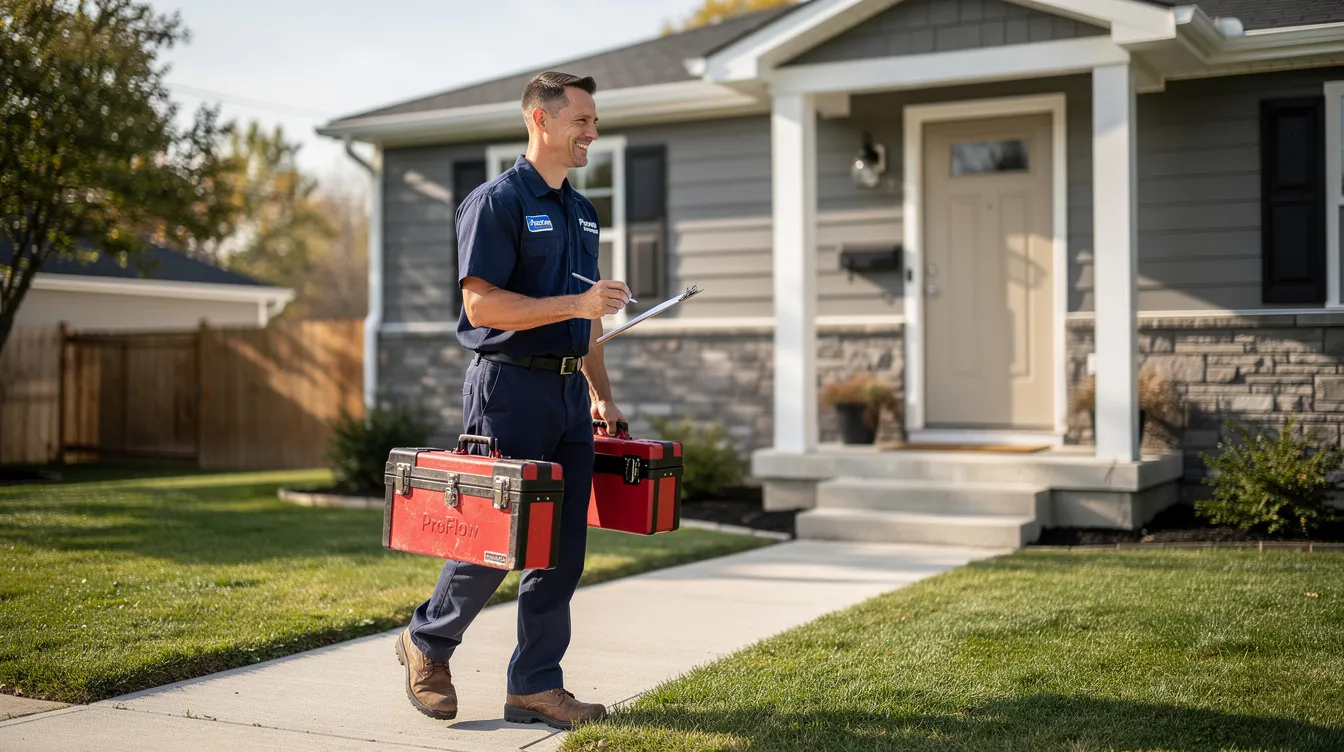A professional plumber in uniform stands at the front door of a residential home, carrying a toolbox, ready to address plumbing issues. This licensed plumber is prepared to provide reliable plumbing repairs and drain service to homeowners in Tacoma, WA.