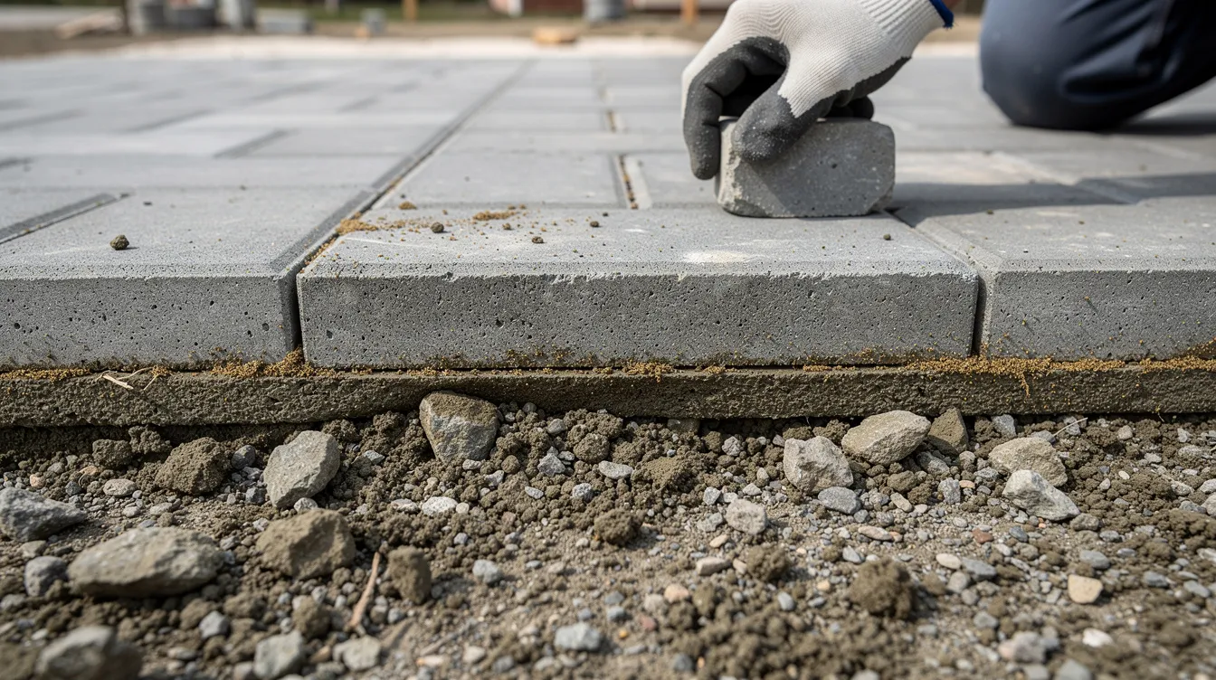 A close-up image shows gray concrete pavers being carefully installed over a compacted gravel base, highlighting the meticulous process of hardscape installation in outdoor space design. This scene is a key element in transforming a backyard into a stylish and functional outdoor living area.