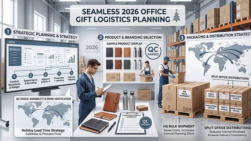 Office gift logistics planning infographic showing branding, packaging, and distribution workflow, realistic