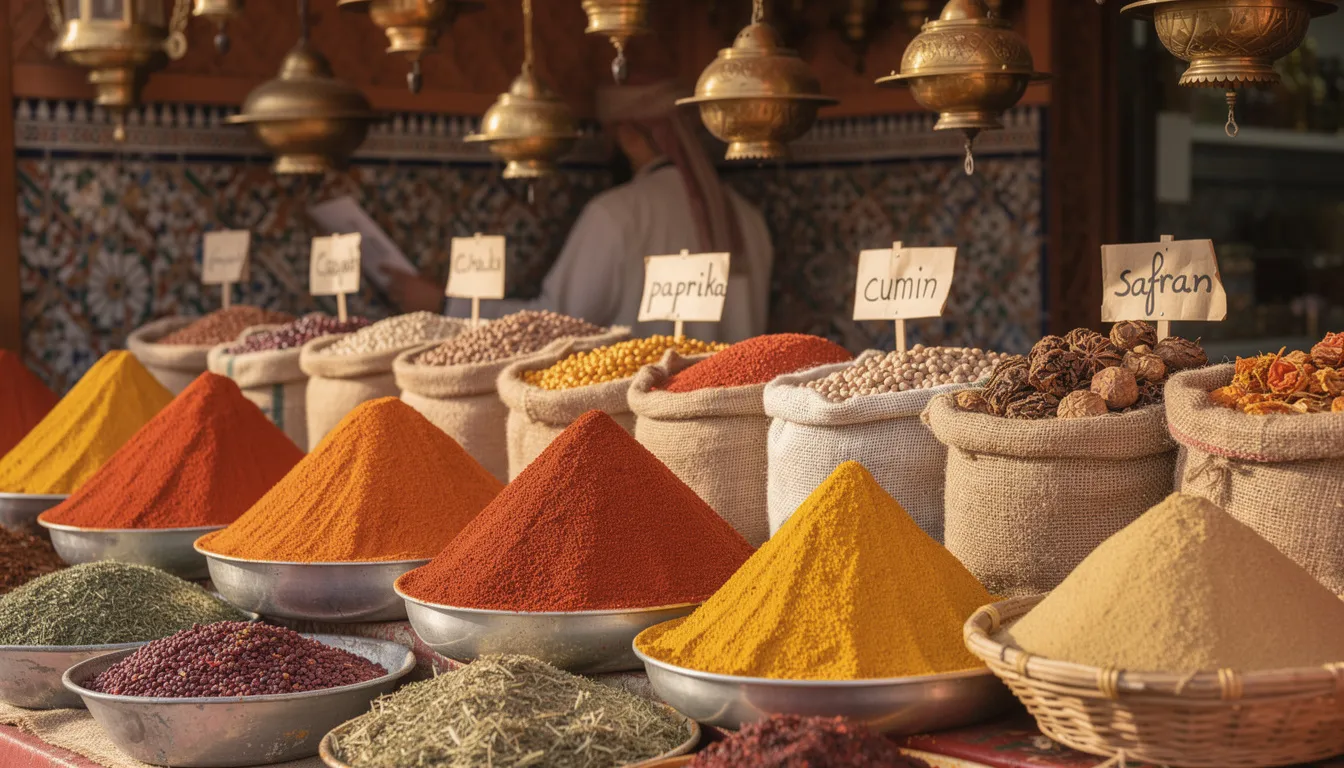 The image depicts a vibrant Moroccan spice market stall, featuring colorful pyramids of spices and an array of dried goods, showcasing the rich local culture and culinary heritage of Morocco. This scene captures the essence of an unforgettable journey through the bustling markets of Marrakech, inviting travelers to explore the authentic flavors of Moroccan cuisine.