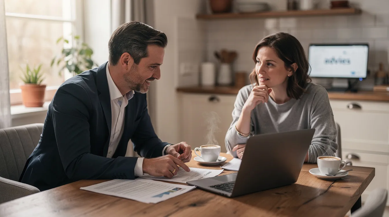 Een financieel adviseur en een klant zitten aan een keukentafel in een rustige huiselijke omgeving, omringd door documenten en een laptop, terwijl ze samen hun financiële situatie bespreken met een kop koffie. Deze setting symboliseert een oprechte betrokkenheid bij het geven van helder hypotheekadvies en het realiseren van financiële zekerheid.