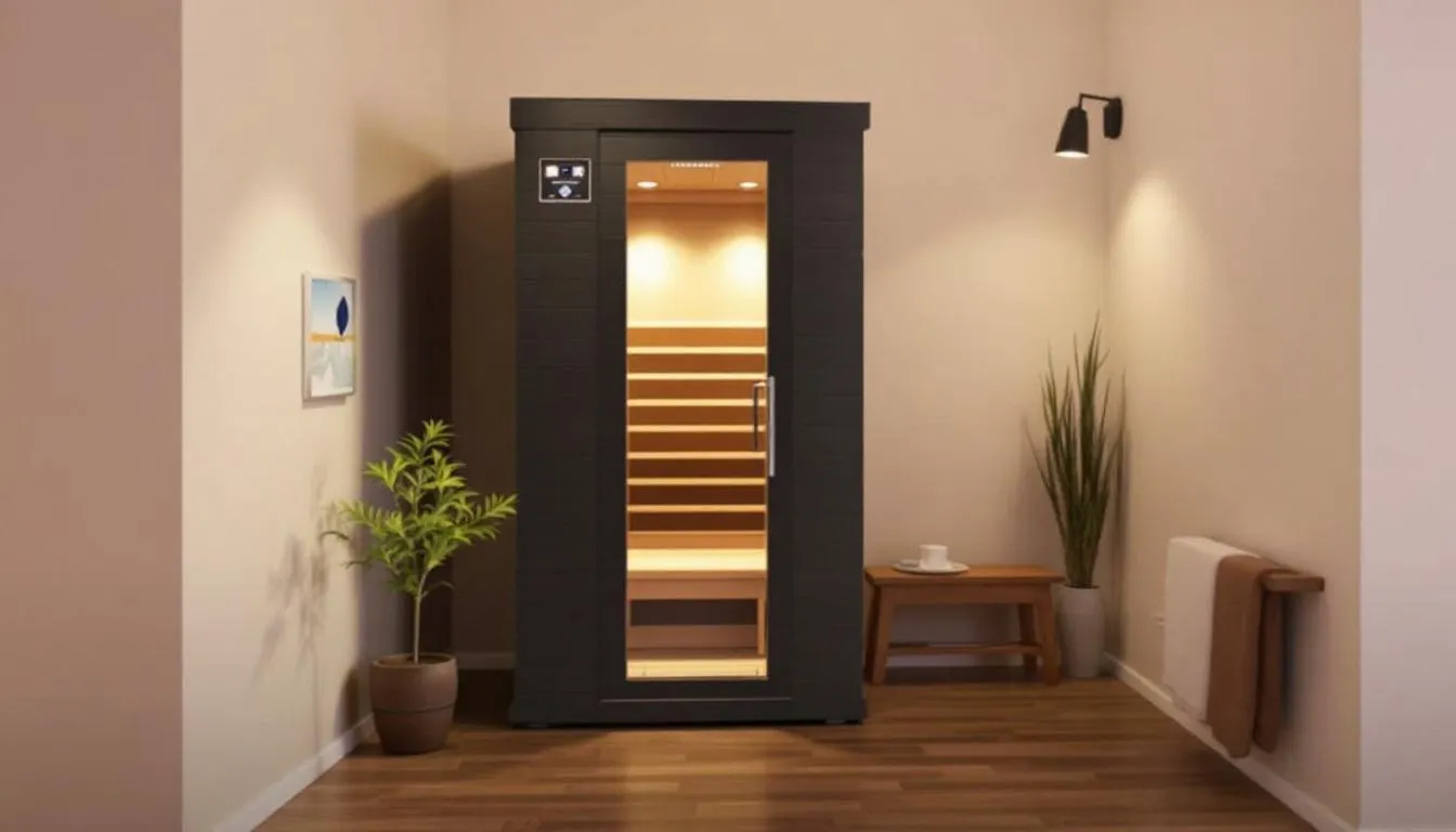The image shows a modern infrared sauna nestled in a cozy corner of a home basement, designed for personal wellness and relaxation. This infrared sauna offers numerous health benefits, including improved circulation and stress relief, making it a perfect addition to a wellness routine.