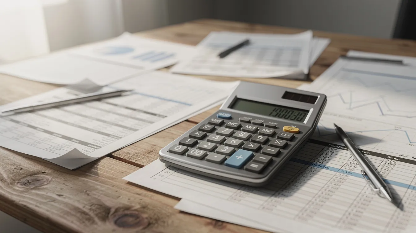 The image depicts a wooden desk cluttered with various financial documents, including balance sheets and project reports, alongside a calculator, symbolizing the financial assistance process for small and micro businesses, such as those applying for mudra loans under the Mantri Mudra Yojana. The scene suggests a focus on managing financial needs and understanding interest rates for potential borrowers.
