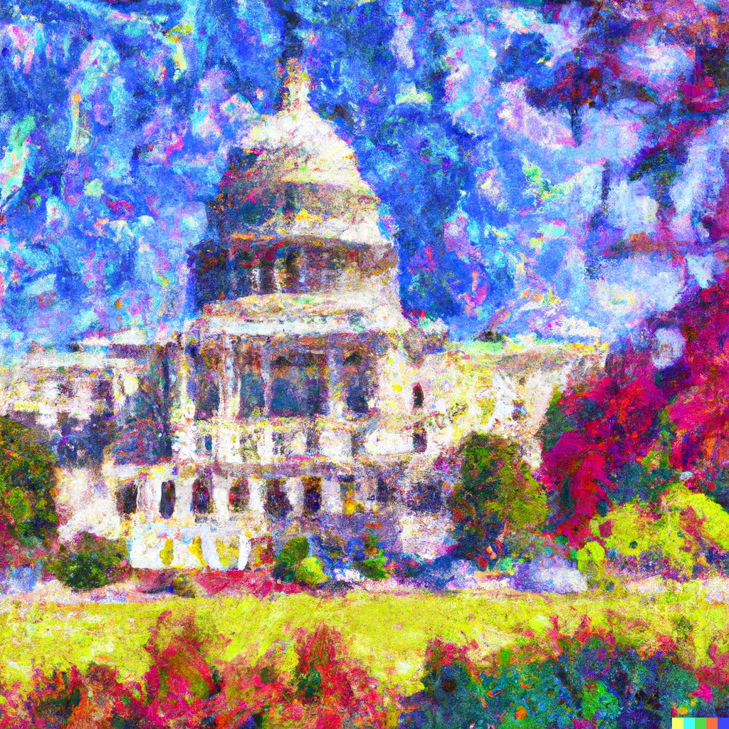 A painting of the capitol building but in the style of Monet if he grew up looking at Jackson Pollock paintings