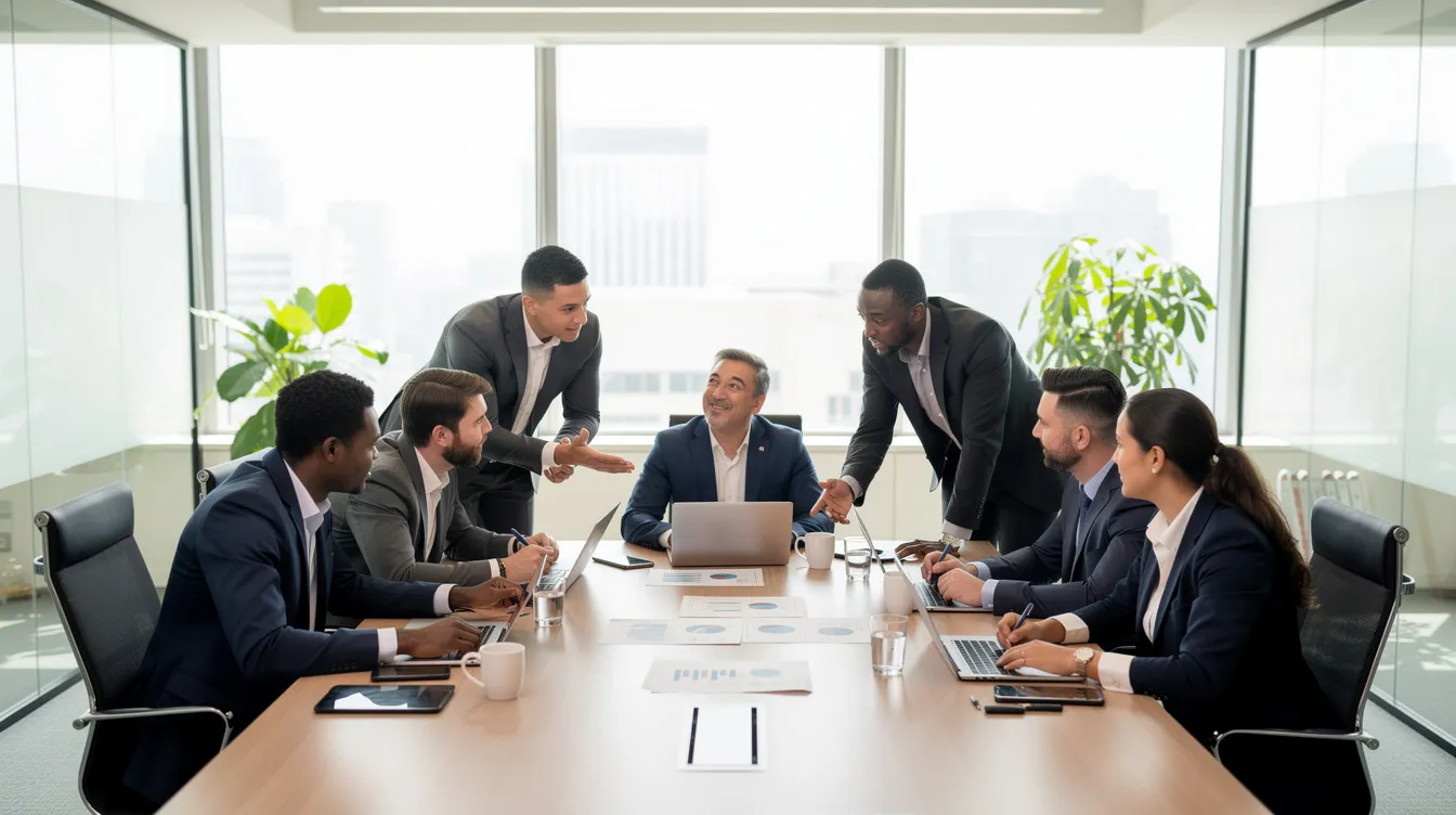 The image depicts a diverse business team of senior leaders collaborating around a large conference table in a bright, modern office, emphasizing teamwork and strategic discussions aimed at enhancing leadership effectiveness and achieving organizational goals. This setting reflects an environment conducive to leadership development and executive coaching, where key stakeholders engage in meaningful conversations to drive measurable growth and transformation.