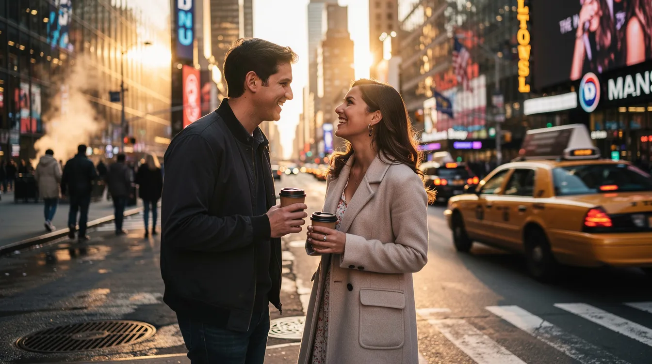 A couple is sitting at a cozy outdoor café in New York City, engaged in a meaningful conversation on their first date. They are laughing and sharing their favorite childhood memories, creating an authentic connection while discussing deeper questions about life and relationships.