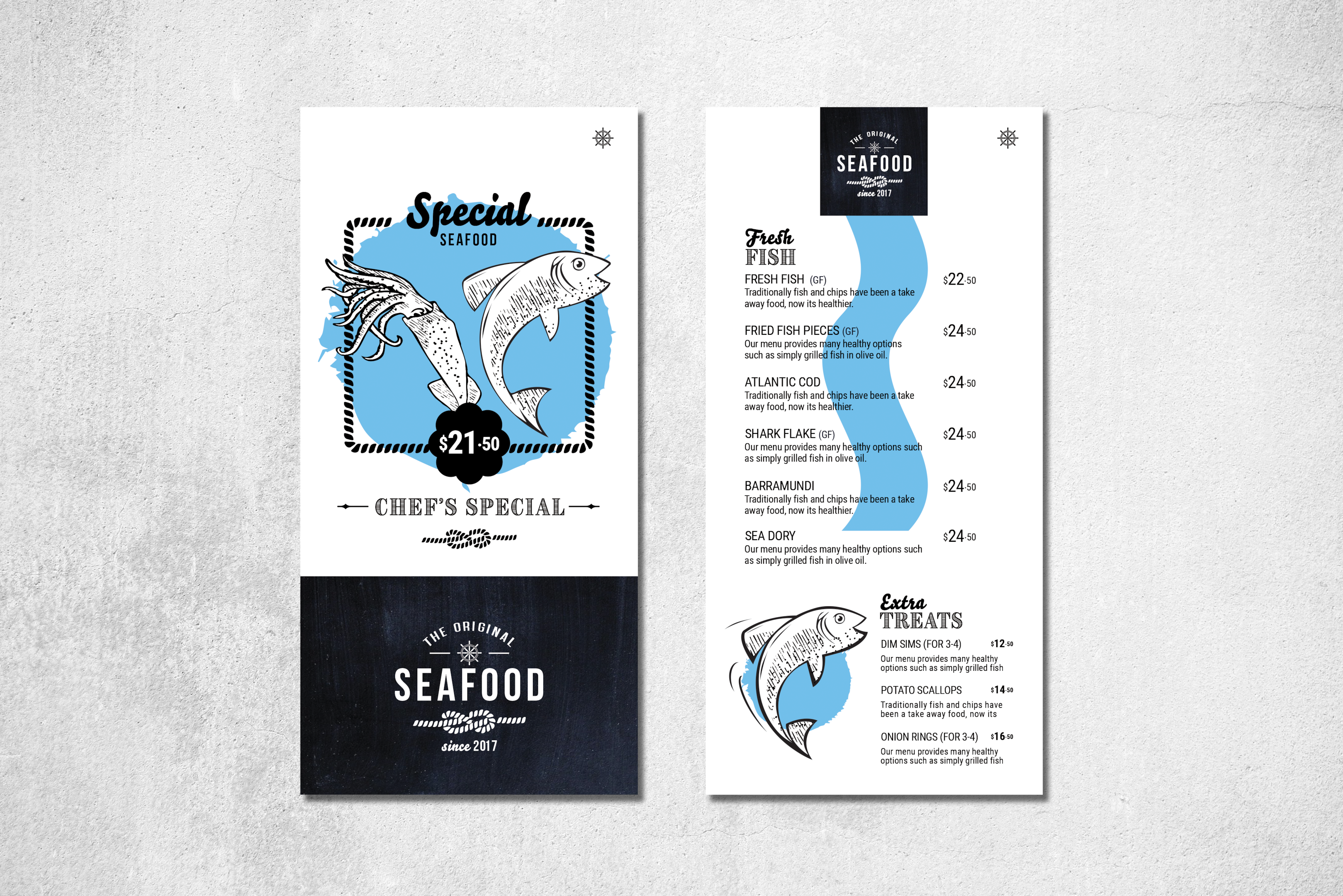 sample menu with blue accent colors for a seafood restaurant