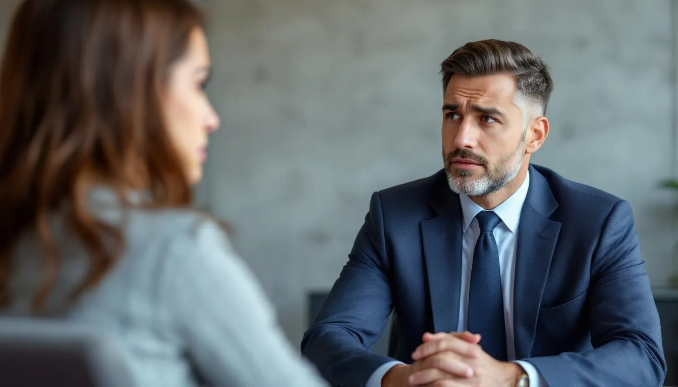 A concerned employee discussing options with a workers compensation attorney.