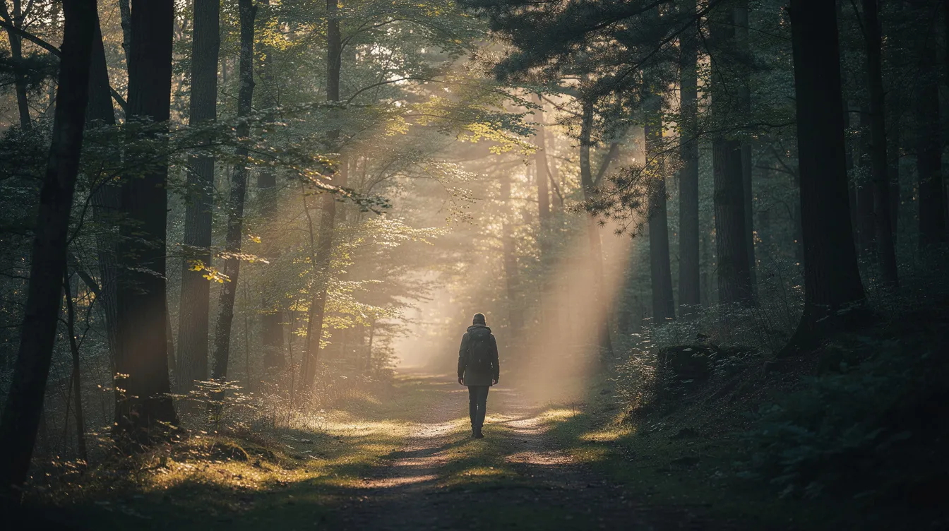 Une personne marche seule sur un sentier forestier au lever du jour, entourée de lumière douce qui filtre entre les arbres, symbolisant un moment de répit et de guérison après une période de stress et d'épuisement professionnel. Cette scène évoque l'importance de trouver un équilibre entre vie professionnelle et vie privée pour préserver sa santé mentale.