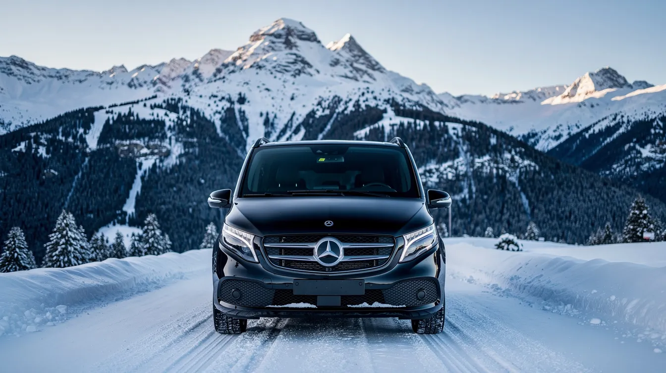 München Garmisch-Partenkirchen Transfer 5 Ein schwarzer Mercedes V-Klasse steht vor einer beeindruckenden verschneiten Bergkulisse, die die Alpenlandschaft rund um Garmisch-Partenkirchen zeigt. Im Hintergrund sind die schneebedeckten Gipfel der Zugspitze sichtbar, was die winterliche Atmosphäre verstärkt.