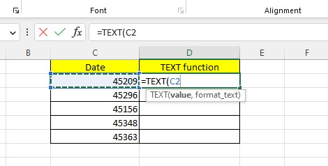 Type the TEXT function and choose a cell value.