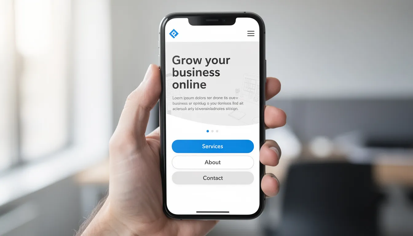 A smartphone is displaying a mobile-optimized business website featuring clear navigation and readable text, designed to function as a powerful lead generating machine. The layout emphasizes action-oriented language and dedicated landing pages to effectively convert visitors into potential leads.
