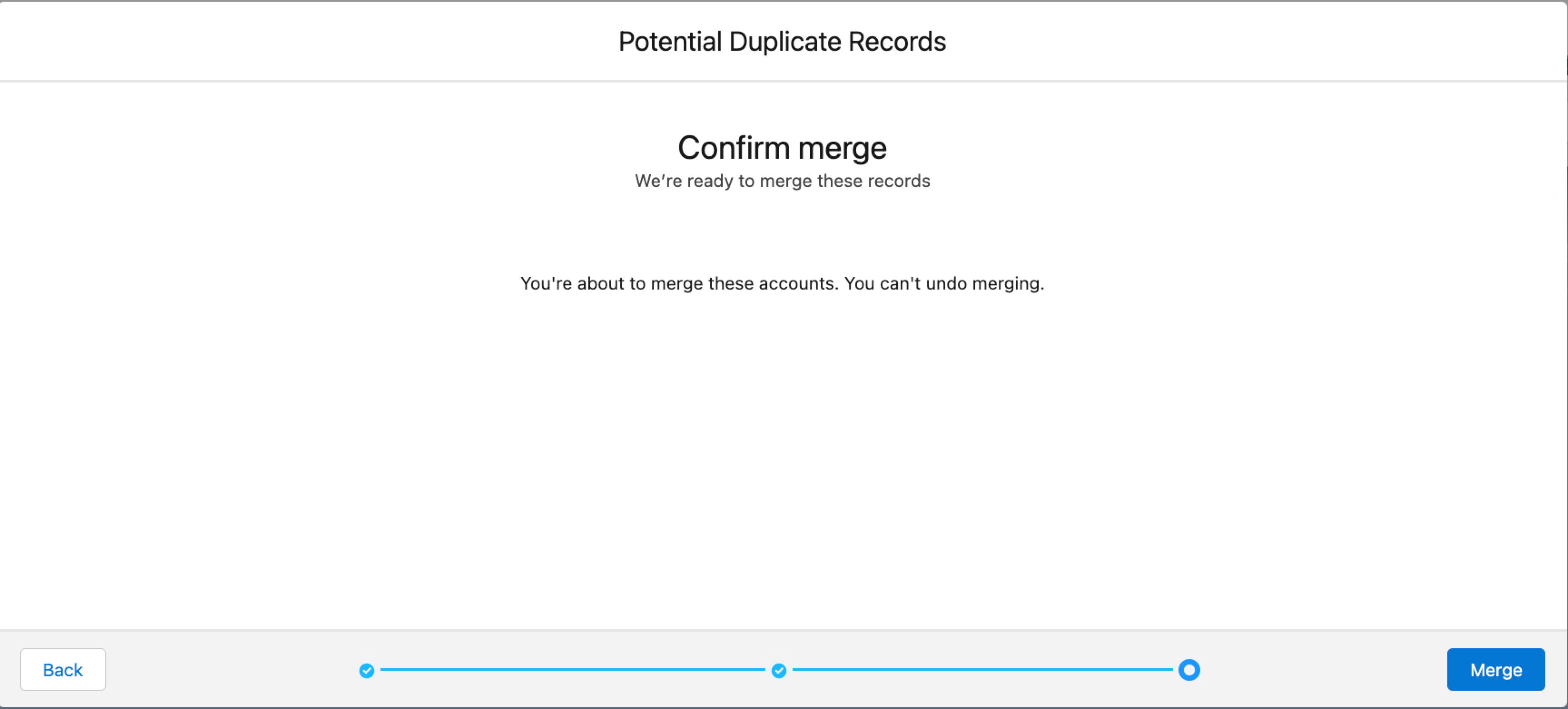 Screenshot of the standard Salesforce Duplicate merge tool