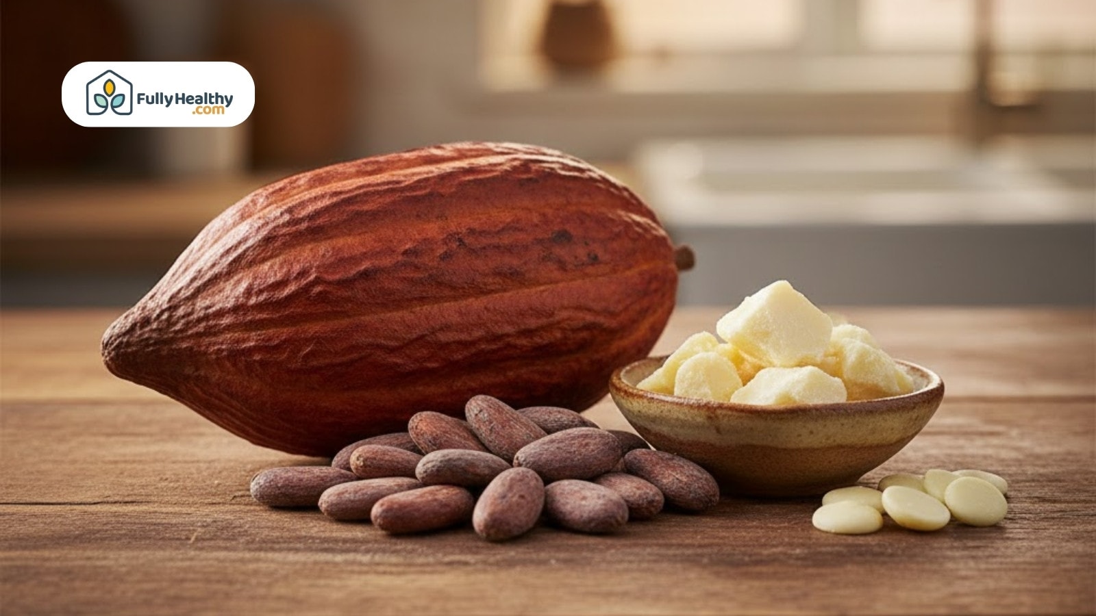 Cocoa pod with beans and bowl of cocoa butter chunks on wooden table