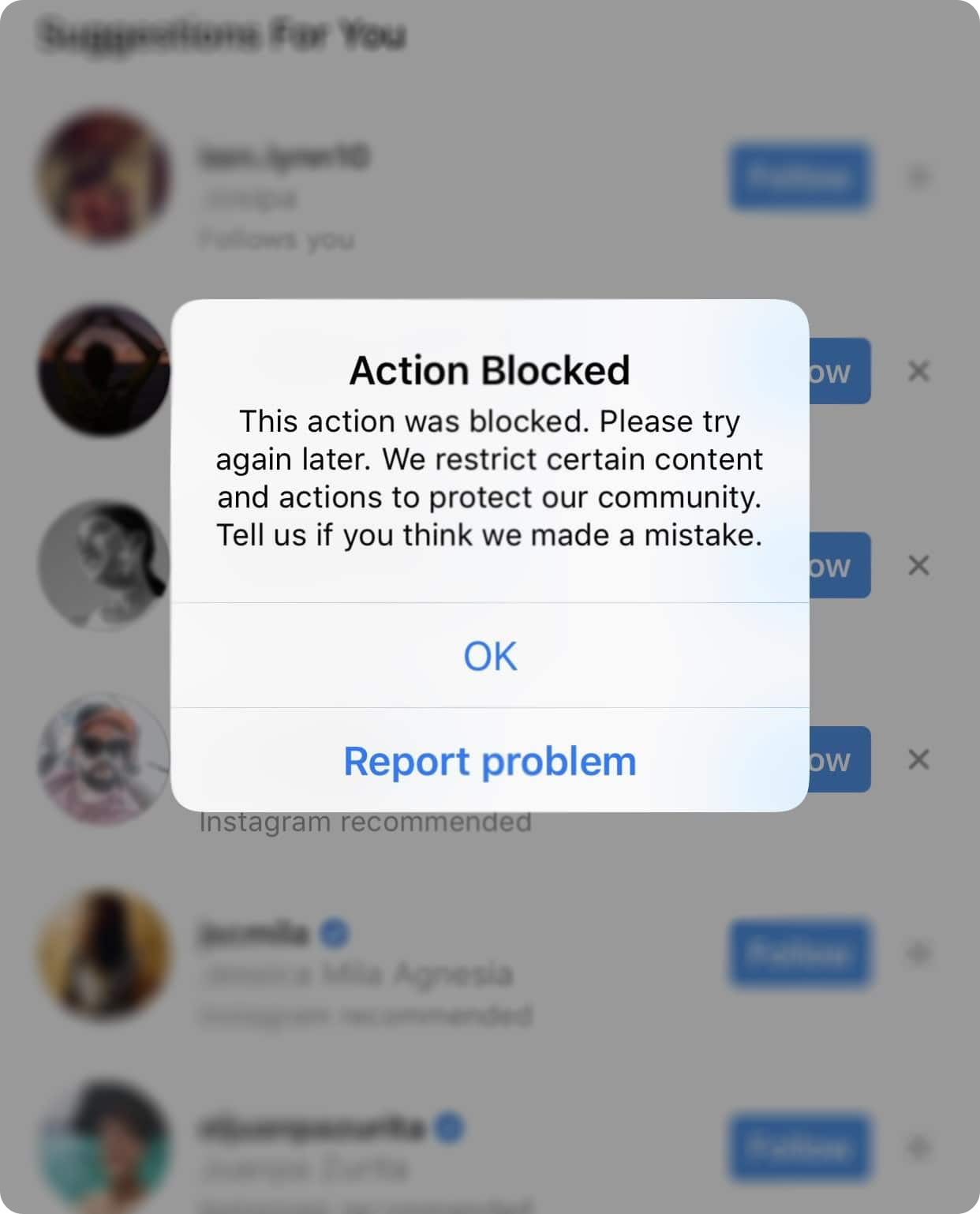Remote.tools shows a screenshot from Instagram of action blocked. Source: Fangage