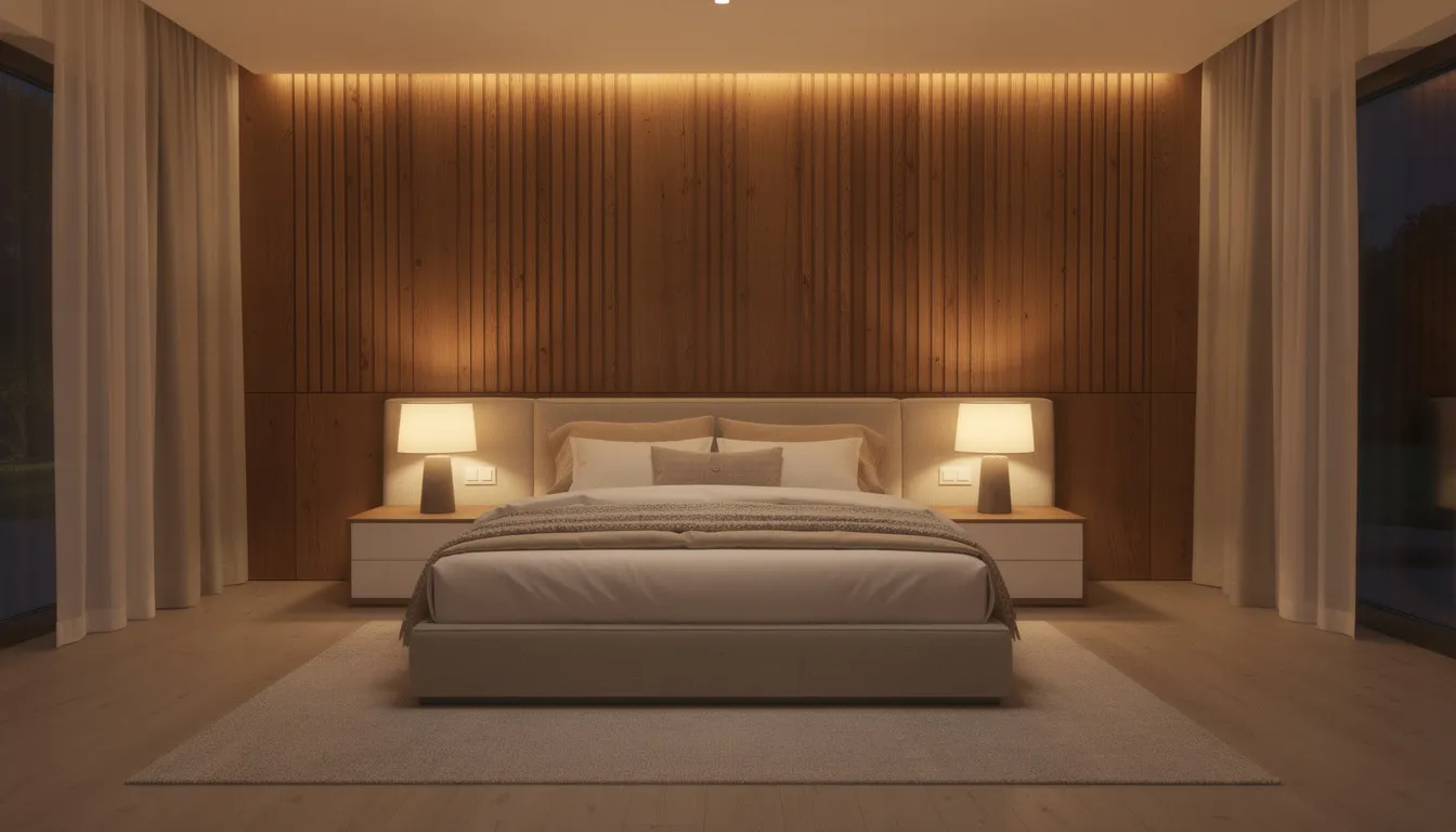 Een sfeervolle slaapkamer met een warm houten wandpaneel in rustiek eiken achter een luxe boxspring, verlicht door stijlvolle lampen die een warme sfeer creëren. De combinatie van het houten wandpaneel en de luxe uitstraling zorgt voor een stijlvolle upgrade van de ruimte.