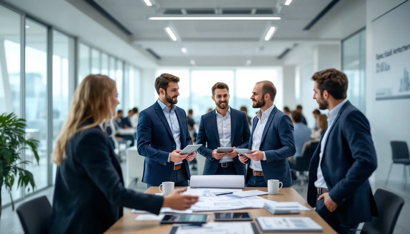 An architect is engaged in networking at a professional development conference, discussing specialized skills and industry trends with other professionals. This event focuses on enhancing technical skills and career development, providing valuable insights into new technologies and niche skills within the architecture field.