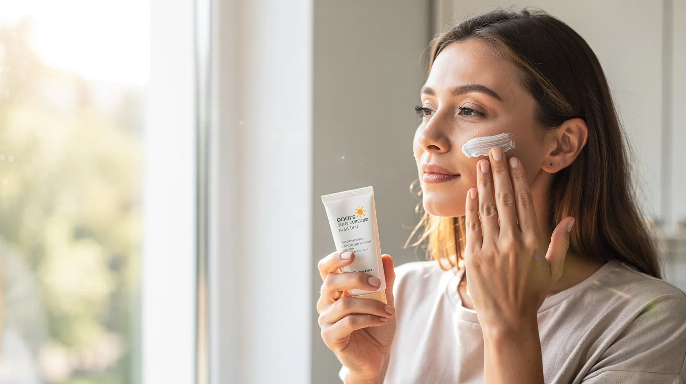 A woman is applying sunscreen while standing near a bright window, where soft natural light illuminates her skin. This moment highlights the importance of a skincare routine that supports skin firmness and protects against signs of aging, such as wrinkles and fine lines.